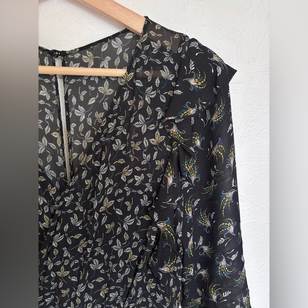Anthropologie Bailey 44 Ophelia Black Floral Print Ruffle Midi V Neck Boho Dress - Picture 8 of 15